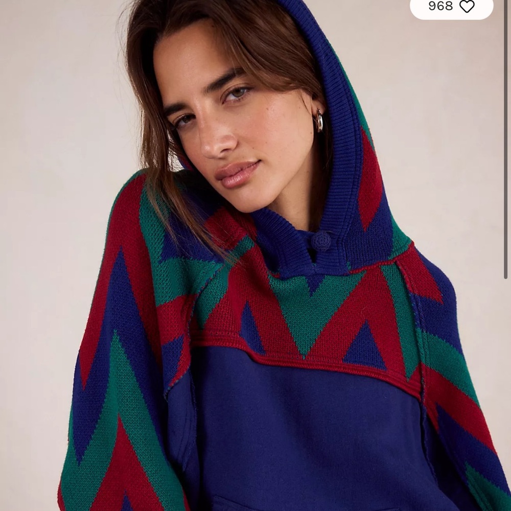 Free People Blue and Red Hooded Sweater
